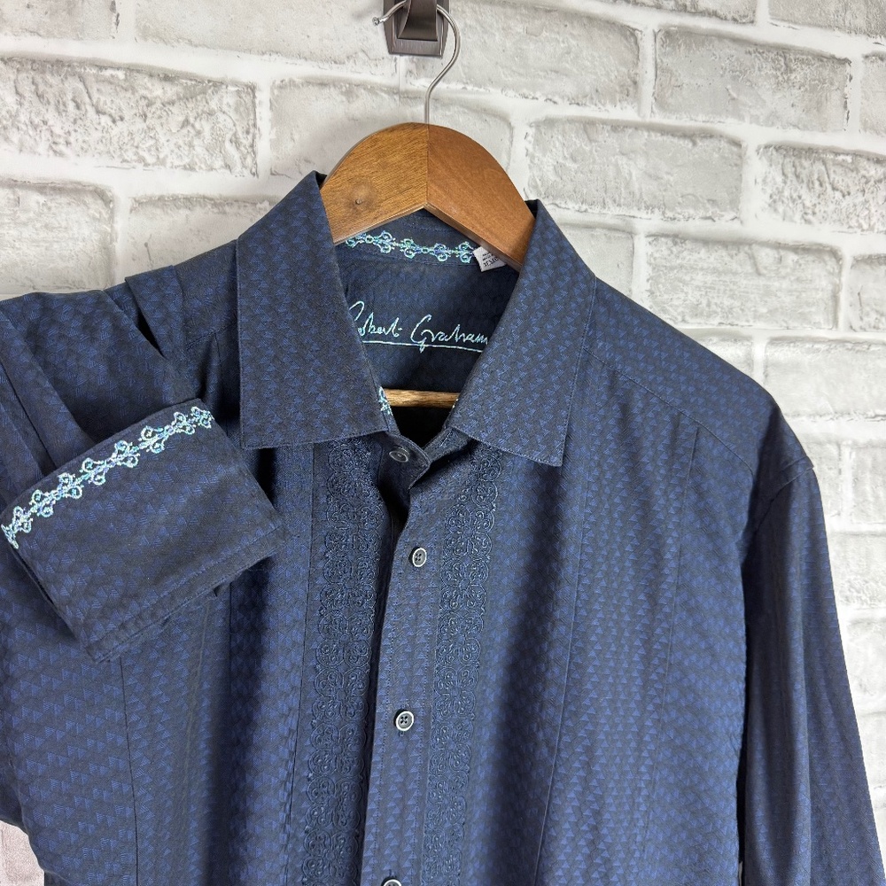 Robert Graham Midnight Blue Embroidered Flip Cuff Button Up Dress Shirt Mens XL
